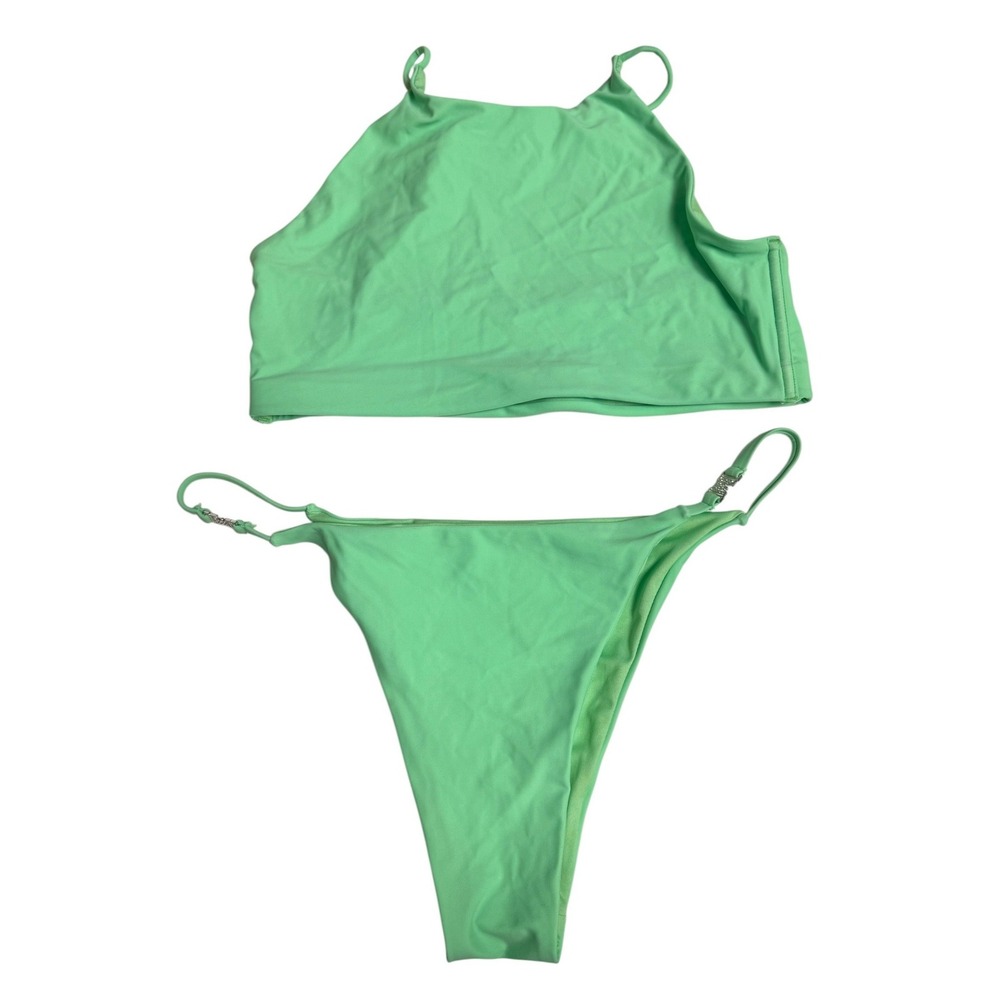 Meshki Bikini Set Women Top M‎ Bottom L Green Rhinestone Logo High Neck High Cut
